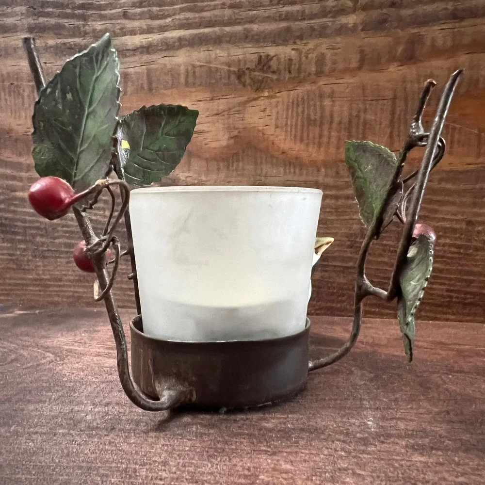 Vintage Metal Branch Votive Candle Holder Ceramic Bird Leaves Red Berries